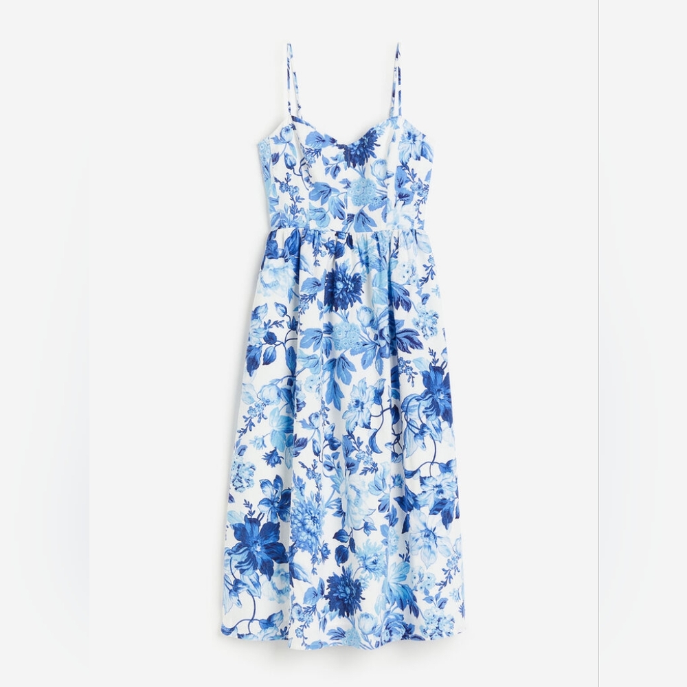 NWT H&M Linen Blend Floral Blue White Dress Lined S